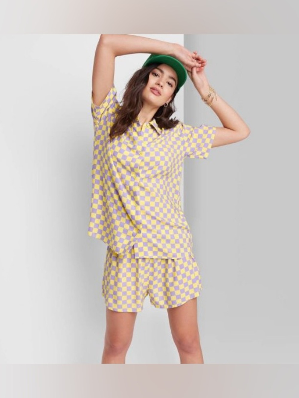 Ascot & Hart Yellow & Lavender Check Button Down + Shorts Lounge Set